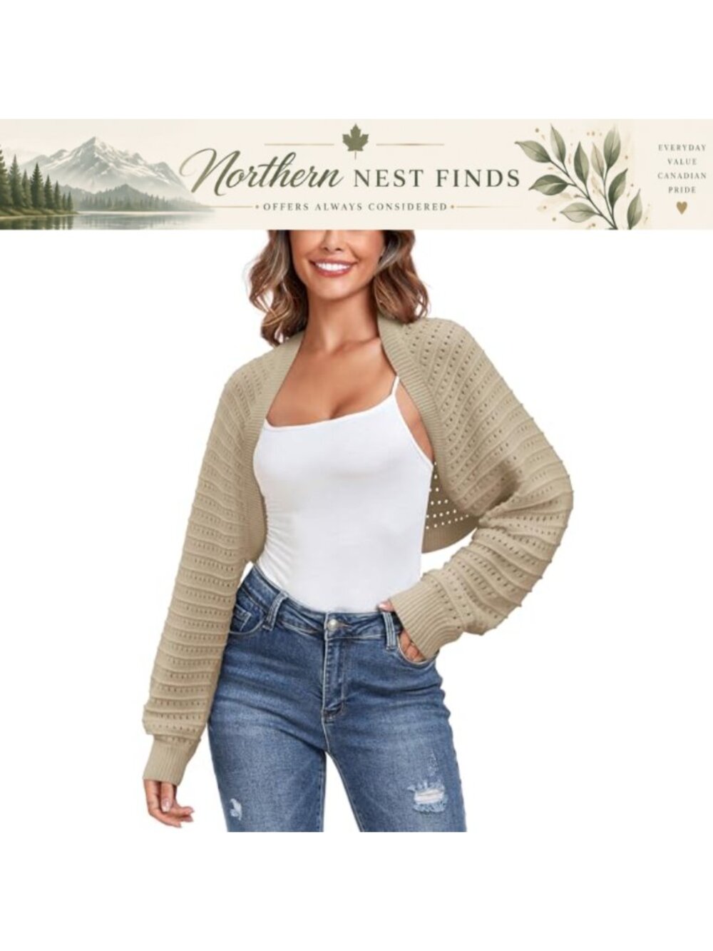 Women's Open Front Ribbed Knit Pointelle Bolero Shrug Sweater Long Sleeve Crop